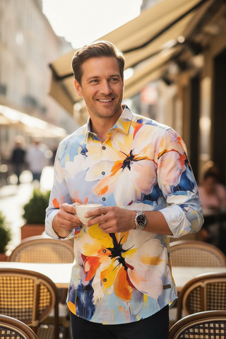 Smiling man wearing a colorful floral print shirt, enjoying coffee at an outdoor café
