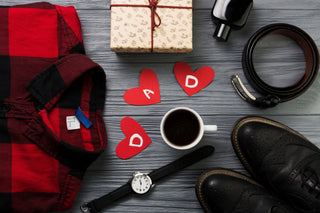 Father's Day gift set with plaid shirt, shoes, watch, belt, coffee, cologne, and present