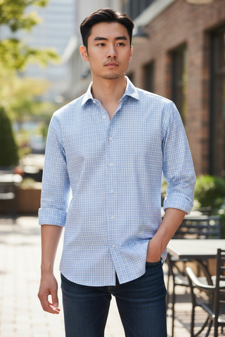 Emanuel Berg - Byron - Chemise manches longues à carreaux Albini 4Flex - Modern Fit - Medium Blue