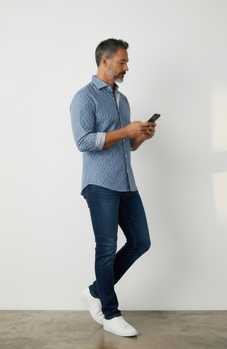 Emanuel Berg - Byron - Chemise manches longues Seersucker Imprimée - Modern Fit - Medium Blue