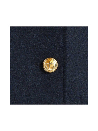 Navy wool coat with gold anchor button detail close-up