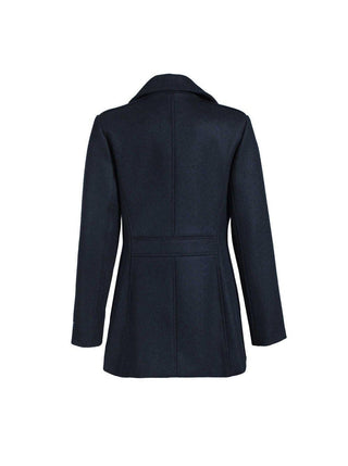 Back view of a navy women's peacoat with tailored seams on a white background