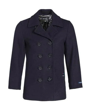 Men's navy wool peacoat with double-breasted buttons and notched collar, front view.