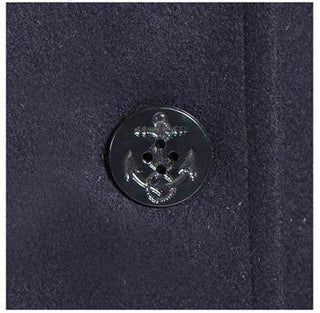 Close-up of navy wool coat with anchor-engraved button for men