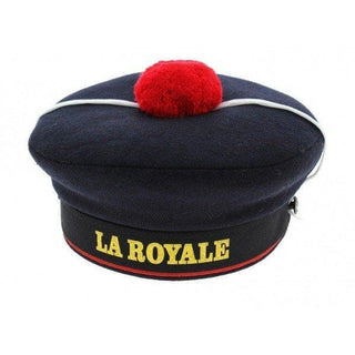 Navy blue French sailor hat with red pompom and 'LA ROYALE' embroidered in yellow.