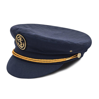 Navy blue captain's hat with gold anchor emblem and braided trim on white background