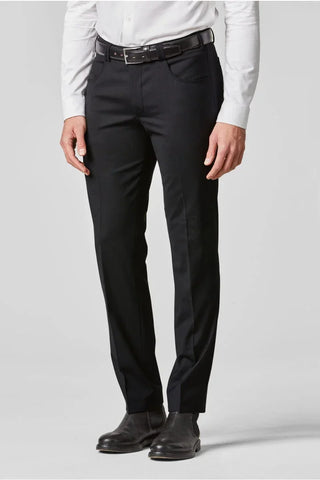 Men's black dress pants with leather belt, white shirt, and black dress shoes