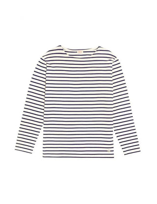 Long-sleeve cotton Breton striped shirt in navy and white, laid flat on white background