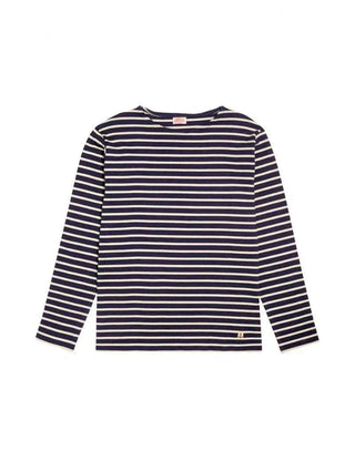 Navy and white striped Breton cotton long sleeve shirt with crew neck on white background
