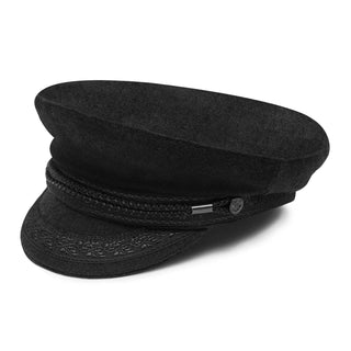 Black wool captain hat with decorative band and embroidered visor, isolated on white