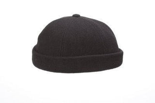 black wool beanie with rolled cuff, minimalist winter hat on white background