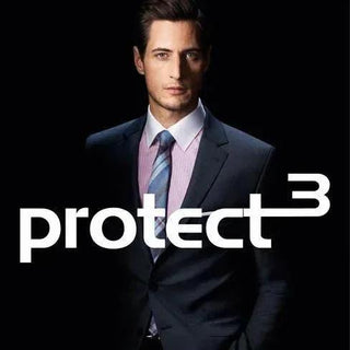 Man in a dark business suit with striped tie and pink shirt, 'protect 3' text overlay