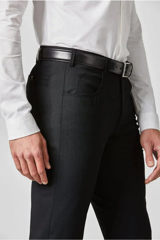 Men's black dress pants with black leather belt and white dress shirt