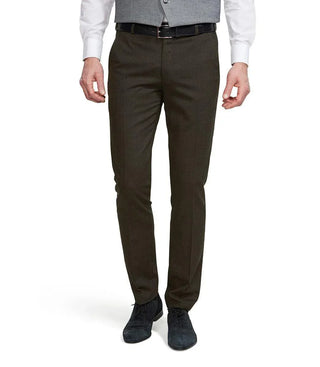 Men's slim fit wool dress pants in dark brown, styled with black belt and dress shoes