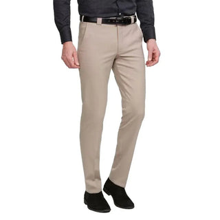Men's slim fit light beige wool trousers, paired with a dark shirt and black shoes