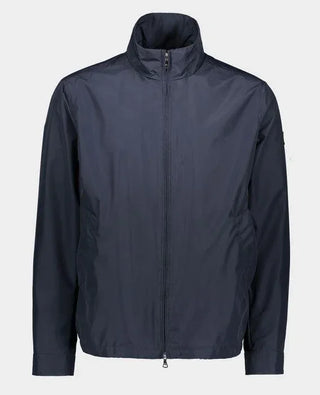 Men’s navy nylon windbreaker jacket with front zipper and high collar