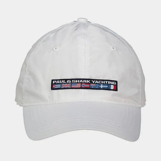 White nylon yachting cap with flag patch and embroidered PAUL & SHARK YACHTING text