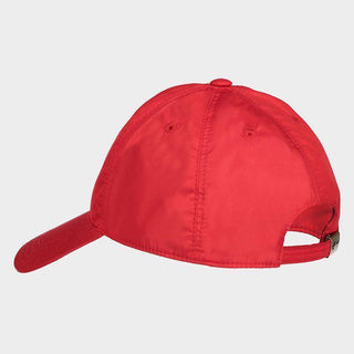 Red nylon baseball cap with adjustable strap and back view on white background