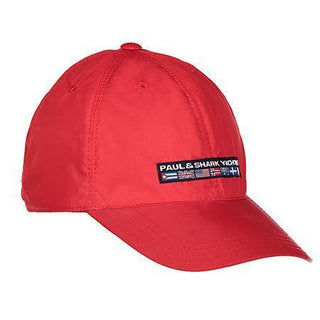Red nylon yachting cap with embroidered patch and nautical flag detail on the front