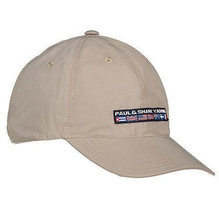 Beige nylon yachting cap with embroidered Paul & Shark patch and nautical flag accents