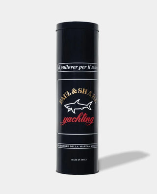 Navy blue Paul & Shark yachting sweater packaging tin with shark logo and Italian text.