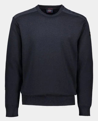 Navy blue men's crew neck sweater with shoulder appliqué details and ribbed cuffs
