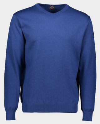 Men’s blue merino wool V-neck sweater with long sleeves on plain background