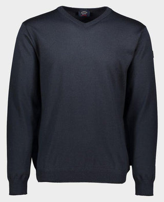 Men's navy blue merino wool V-neck sweater with long sleeves on white background