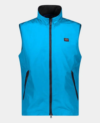 men's sleeveless blue nylon vest with zip front and high collar