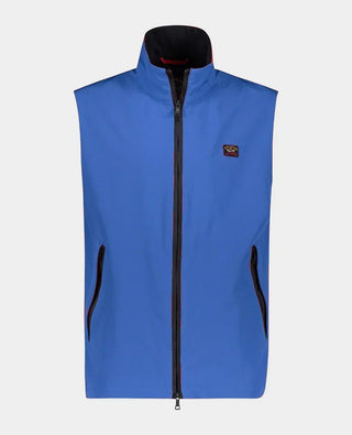 Men's blue nylon sleeveless vest with front zipper, high collar, and side pockets