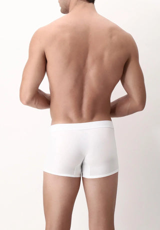 Back view male model wearing white boxer briefs, men's underwear, neutral background