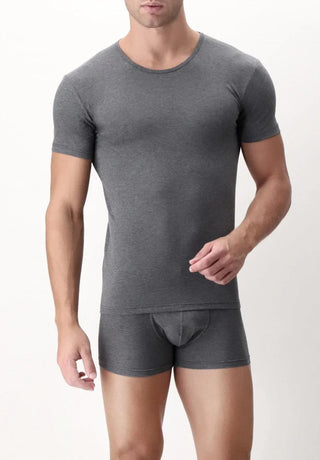 Man wearing fitted grey crew neck t-shirt and boxer briefs, plain background, menswear basics
