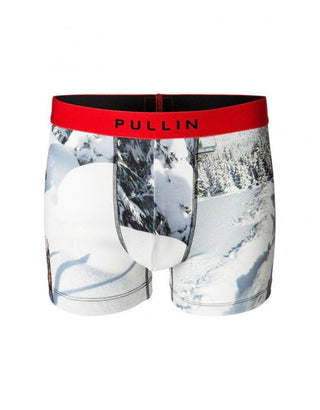 Men's boxer briefs with red waistband and snowy mountain print, Pullin logo visible