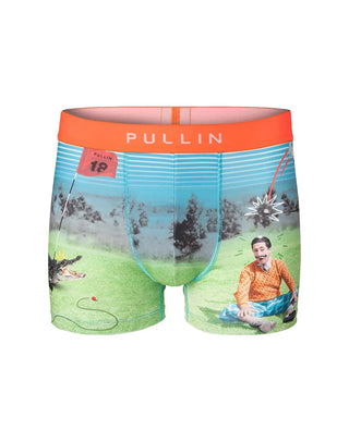Men's Pullin boxer briefs with golf and alligator print, orange waistband, size medium