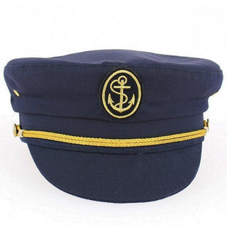 Navy blue captain's hat with gold anchor emblem and gold braid trim